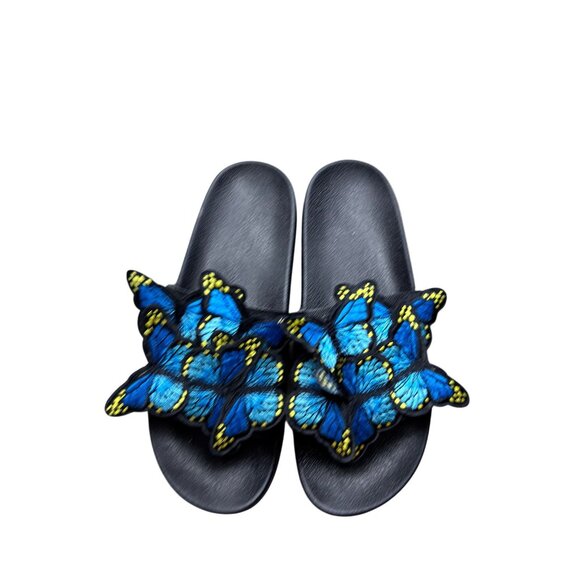 Butterfly Applique Slide Sandals Womens Size 9 Black & Blue - Picture 4 of 8